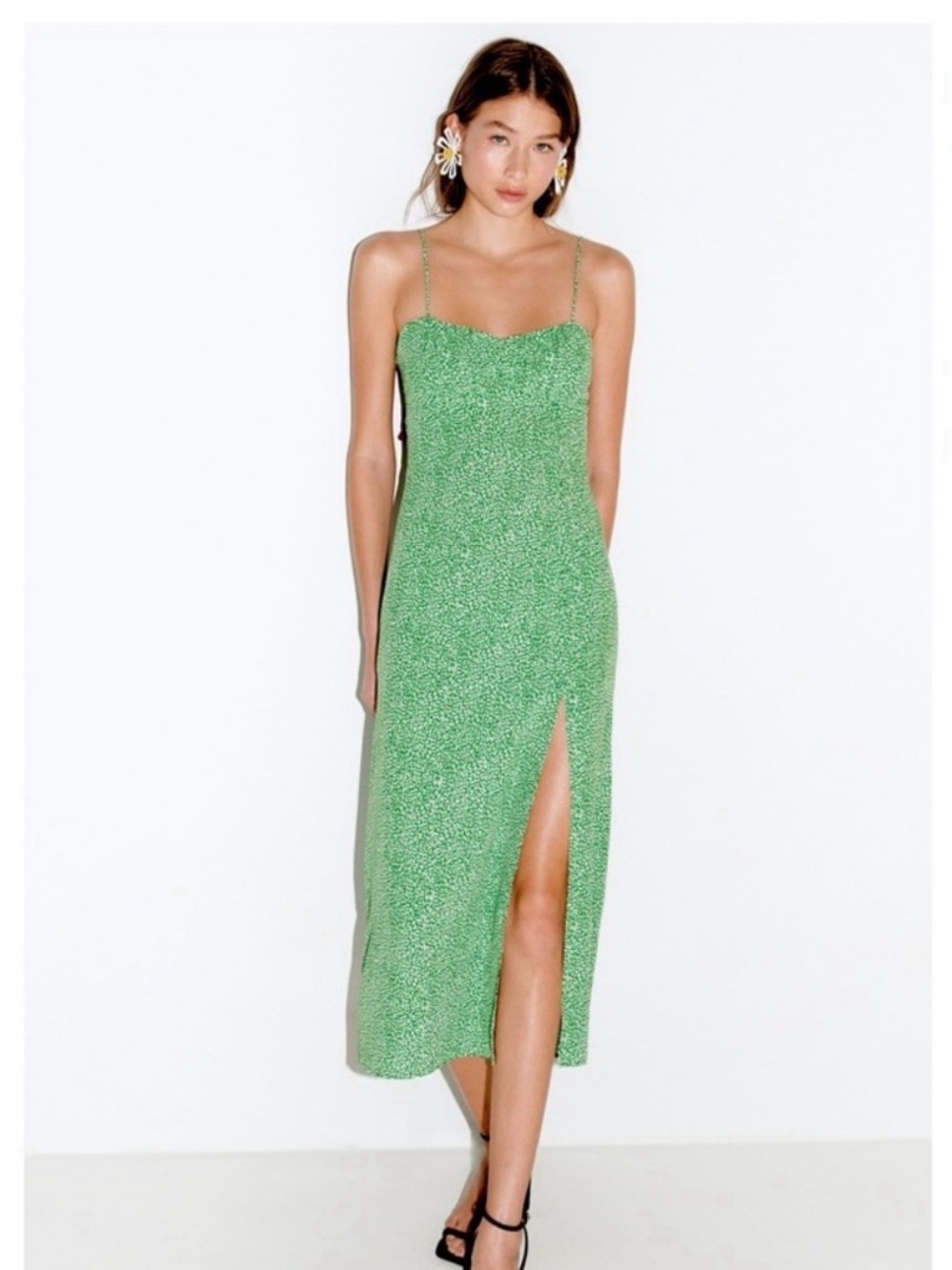 Zara Micro-Spot Green Midi Dress with Side Slit - Size M